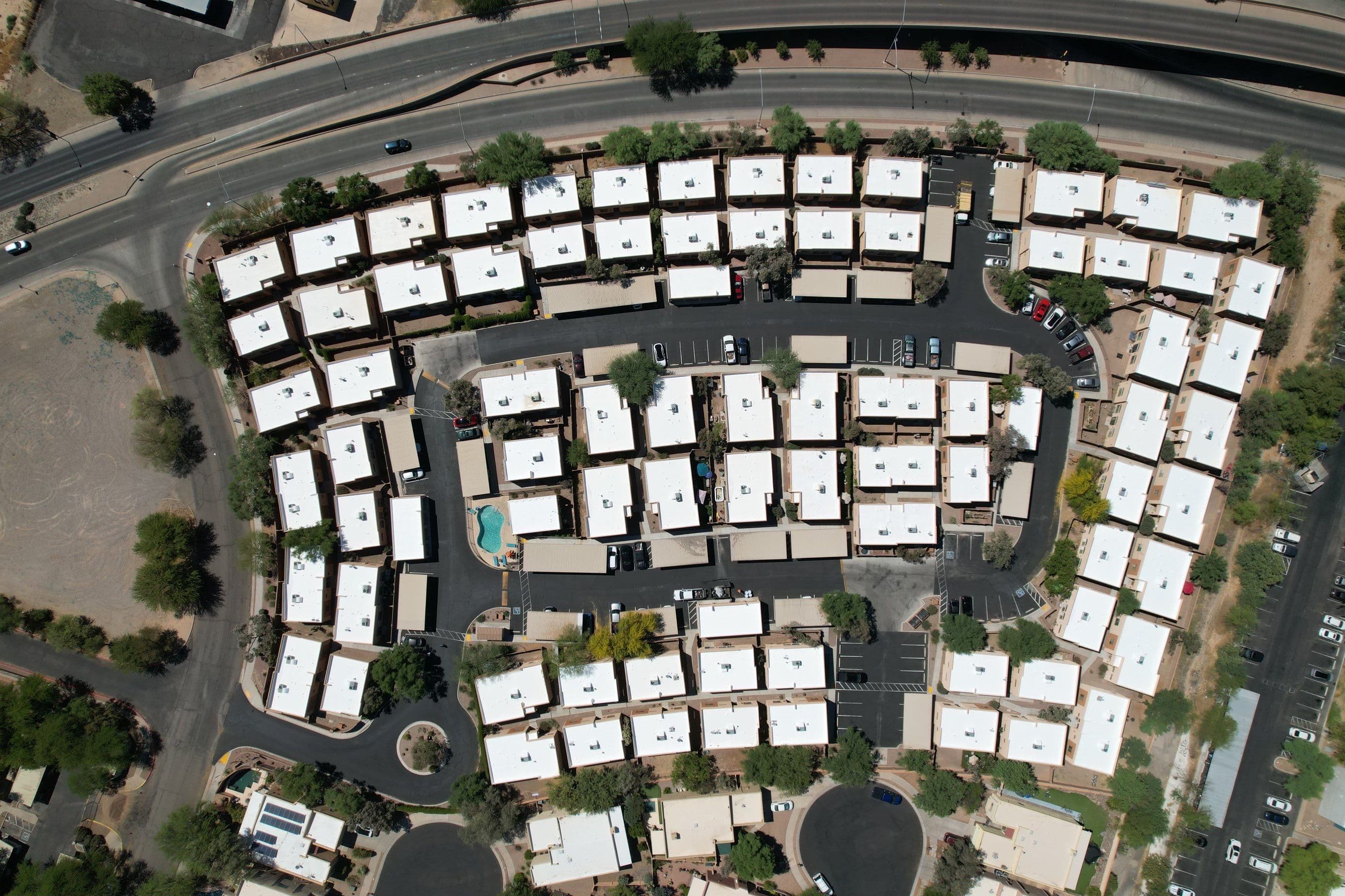 Aerial view of a commercial roof mid re-roof