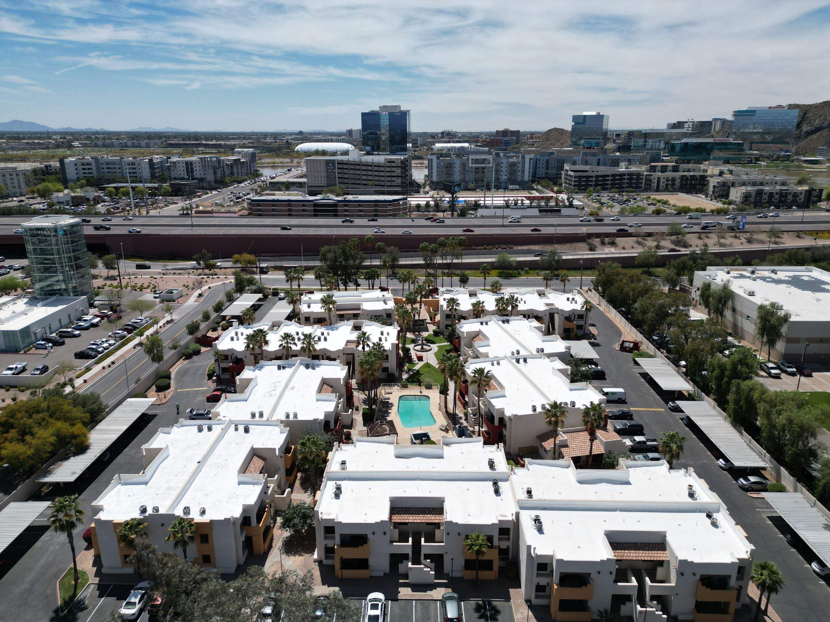 Aerial view of a Tempe multifamily complex mid re-roof